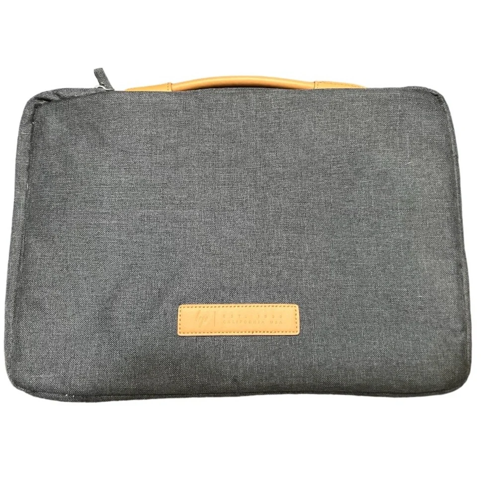 HP Padded Laptop Carrying Case RFDI Pocket Gray Canvas Tan Leather 16 x 11
